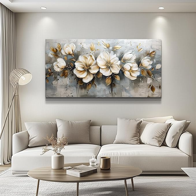 PHAOHUAXM Large Canvas Wall Art For Bedroom Wall Decoration For Living Room Restaurant Office Mural Abstract White Flowers Paintings Printing Artwork Modern Posters Home Decor Ready To Hang 24"x48"