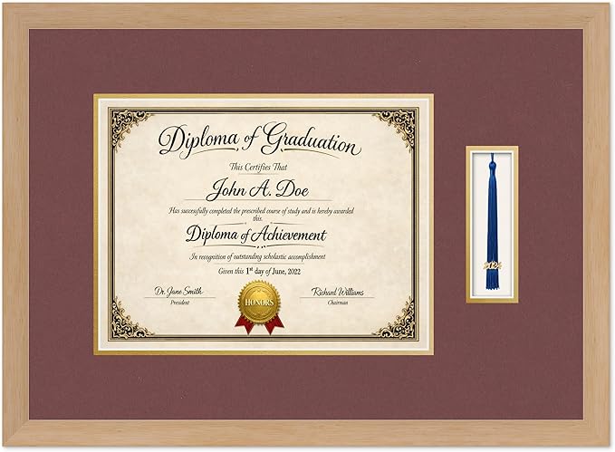 Diploma Frame with Tassel Holder Natural Wood Shadowbox Dark Red Over Gold Mat - Fits 13 x 10 Degree Made in the USA