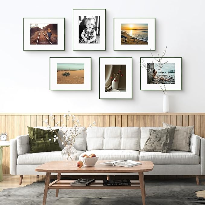 Golden State Art 16x20 Picture Frame 6 Pack - Dark Green Aluminum Photo Frames With 11x14 Mats and Real Glass Cover - Elegant Minimalist Wall Gallery Frames for Home or Office Decor