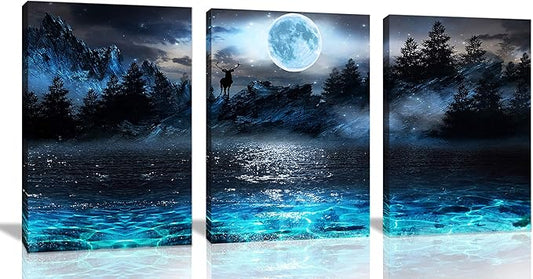 Wall Decorations For Living Room Moon Deer Ocean Landscape Picture Teen Room Decor Wall Art For Bedroom Modern Decor 3 Piece Framed Ready To Hang Moon Wall Art 3 Piece Wall Art Size 12x16 Each Panel