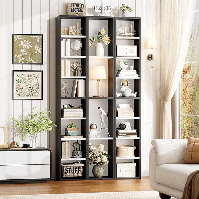FOTOSOK 2 Pcs 71'' Tall Narrow Bookshelf, 8-Tier Media Tower Rack Set of 2, CD DVD Storage Cabinet with Adjustable Shelves, Tall Narrow Bookcase Skinny Display Bookshelf Slim Shelf, White/Black