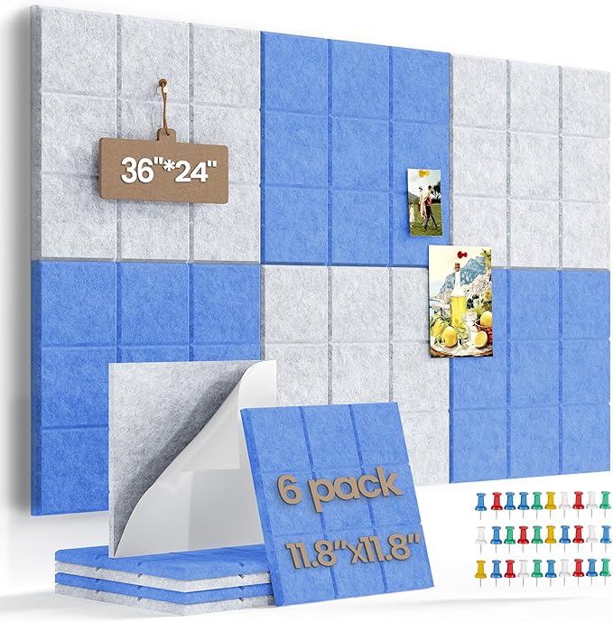 Large Felt Board Tiles for Wall with 30 Push Pins, 11.8"x11.8" Pack of 6 Pin Board Notice Boards for Home Office Kitchen, Bulletin Board Wall Tiles for Photos Memos (Blue+Grey, 6 Pack)