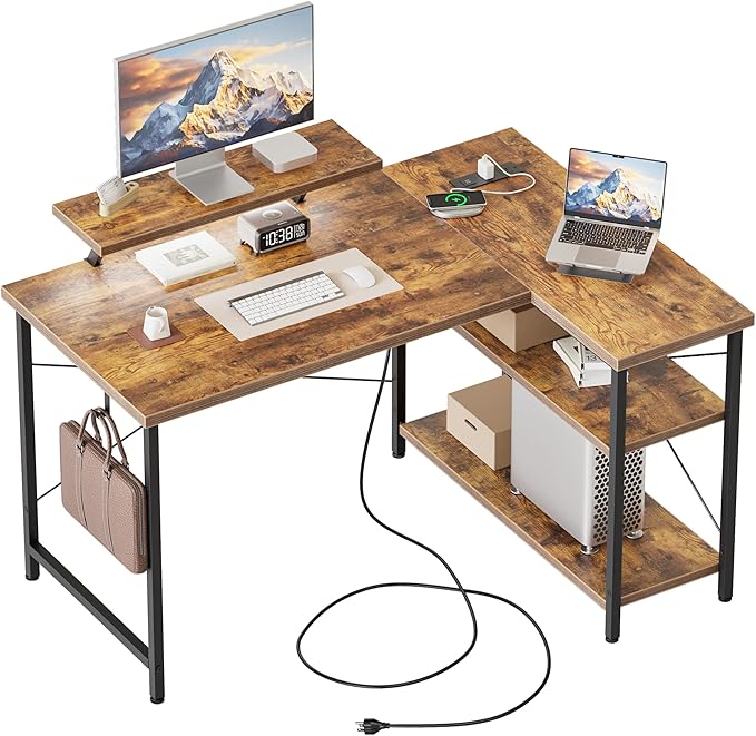 Mericonia Small L Shaped Computer Desk with Power Outlets, Reversible Gaming Desk with Storage Shelves & Monitor Stand, Corner Gamer Desk Table, Study Writing Table