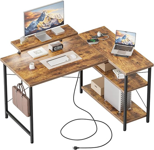 Mericonia Small L Shaped Computer Desk with Power Outlets, Reversible Gaming Desk with Storage Shelves & Monitor Stand, Corner Gamer Desk Table, Study Writing Table