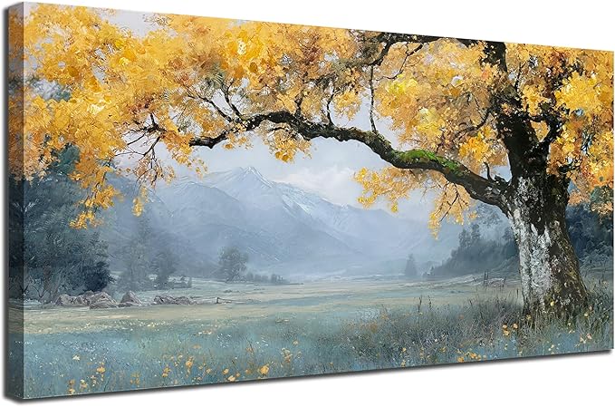 Arjun Tree Canvas Wall Art Landscape Painting for Living Room Bedroom, Mountain View Wall Decor Nature Scenery Artwork Rustic Textured Large Framed Picture Dining Room Hallway Fireplace 40"x20"