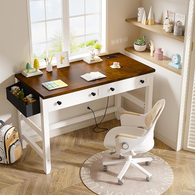 EnHomee 40" Computer Desk with Drawers, Small Desk with Power Outlets for Bedroom and Home Office, Writing Desk with Drawers and a Side Pocket, Vanity Desks for Bedroom, Brown+White