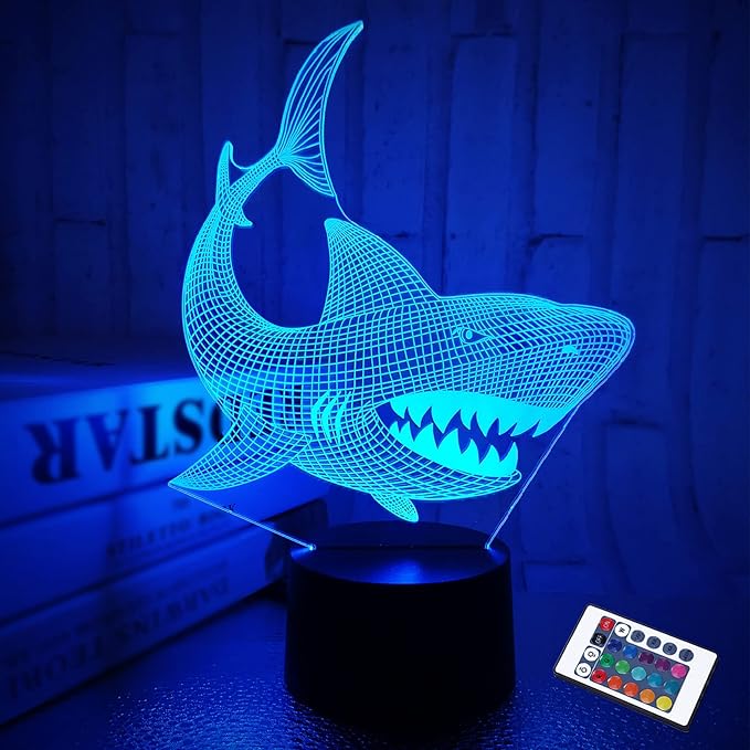 FULLOSUN Shark 3D Illusion Night Light Animal Touch Table Desk Lamp, with Remote Control 16 Colors Optical USB LED Nightlight for Kids Holiday Gift Room Decoration