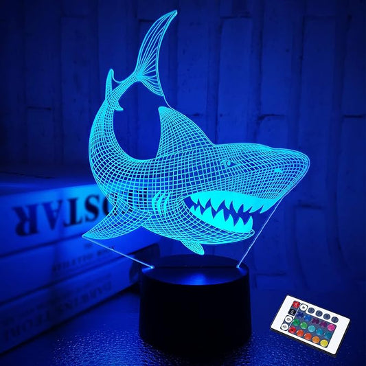 FULLOSUN Shark 3D Illusion Night Light Animal Touch Table Desk Lamp, with Remote Control 16 Colors Optical USB LED Nightlight for Kids Holiday Gift Room Decoration