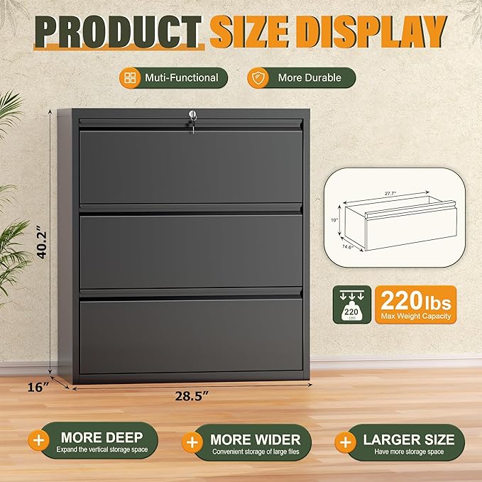 Greenvelly Lateral File Cabinet 3 Drawer, Lockable Metal Filing Cabinets for Home Office, Black Metal File Cabinet with Lock for Legal/Letter/A4/F4 Size