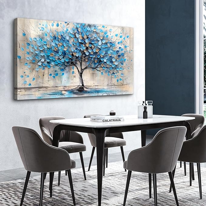 Lapremoly Textured Abstract Wall Pictures Artwork Large Wall Decor For Living Room Framed Canvas Wall Art For Bedroom Office Decor Blue Tree Paintings Panoramic Landscape Prints Home Decor 48"X24"