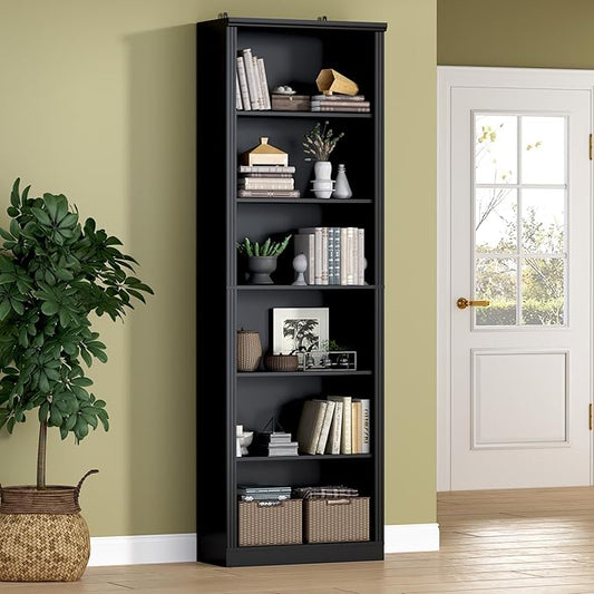 75" Tall Bookshelf, 6-Tier Floor Standing Bookcase with 2 Adjustable Shelves, 24" Wide Open Storage Shelf, Modern Display Organizer for Home Office, Living Room, Bedroom, Study