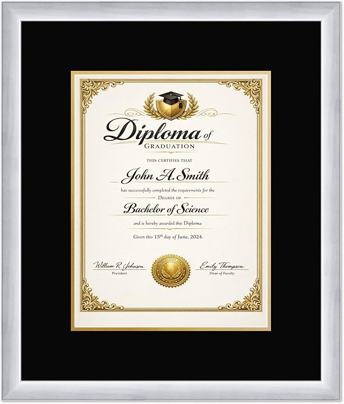 CountryArtHouse Diploma Frame Fits 10 x 13 College Diploma (Portrait Traditional) - Keepsake Graduation Stainless Silver Genuine Hardwood with Black Over Metallic Gold Double mat