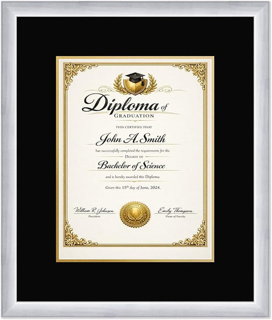 CountryArtHouse Diploma Frame Fits 10 x 13 College Diploma (Portrait Traditional) - Keepsake Graduation Stainless Silver Genuine Hardwood with Black Over Metallic Gold Double mat