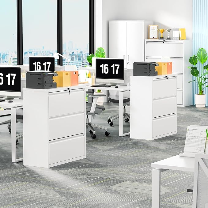INTERGREAT 3 Drawer File Cabinet, Metal Lateral Filing Cabinet for Home Office, Locking Horizontal File Cabinets for Hanging Files Letter/Legal/F4/A4 (White)