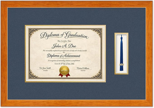 Diploma Frame with Tassel Holder Honey Oak Shadowbox Navy Blue Over Gold Mat - Fits 11.69 x 8.27 Degree Made in the USA