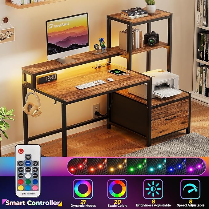 GreenForest Computer Desk with Drawers and Monitor Stand, Home Office Desk with Storage Shelves, Small Gaming Desk with Power Outlets and LED Lights for Study Writing Working, 51 inch Walnut