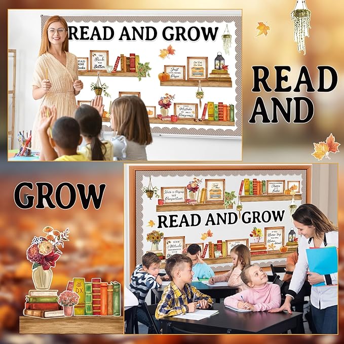 Qilery Bookshelf Bulletin Board Set Read and Grow Motivational Classroom Decor Reading Library Bulletin Board Set Inspirational Cutout for Back to School Classroom Decoration