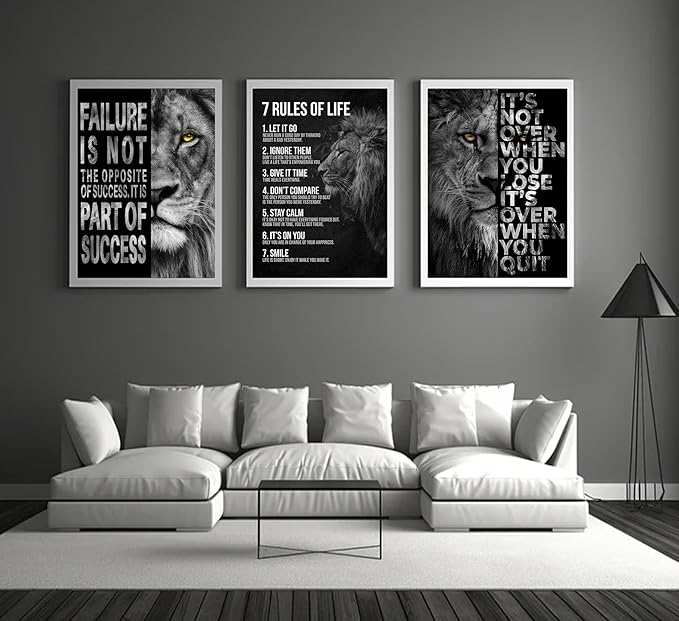 3Pcs Inspirational Lion Wall Art Motivational Black and White Inspiring Animal 7 rules of life Quotes Posters Pictures Wall Decor Canvas Print Artwork for Office Living Room Home Decoration Unframed