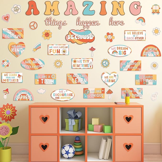 Groovy Welcome Back to School Bulletin Board Classroom Decoration Boho Retro Amazing Things Happen Here Bulletin Board Affirmation Station Positive Encouraging Paper Cutout for School Class Wall Decor