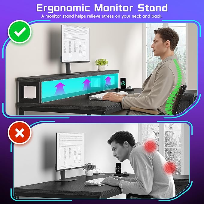 48" Gaming Desk with Power Outlet, Computer Desk with LED Lights & Drawer, L Shaped Desk with Monitor Stand for Gaming, Home Office Desk for Study Room, Bedroom, Living Room, Bedroom, Black