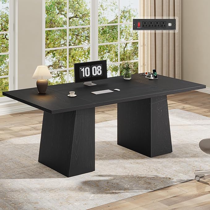 63 in Executive Desk with Power Outlets, Modern Home Office Desk with Storage Cabinet, Wood Computer Desk Business Workstation Desk Conference Table Black