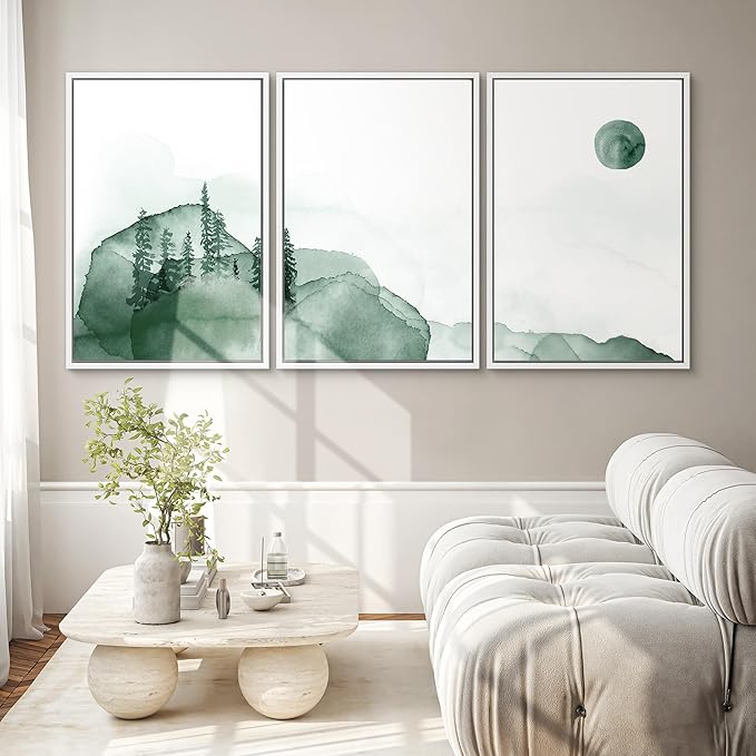SIGNWIN 3 Piece Framed Canvas Wall Art Green Watercolor Landscape with Moon Nature Wilderness Illustrations Abstract Traditional Home Artwork Decoration for Living Room,Bedroom - 16"x24"x3 White