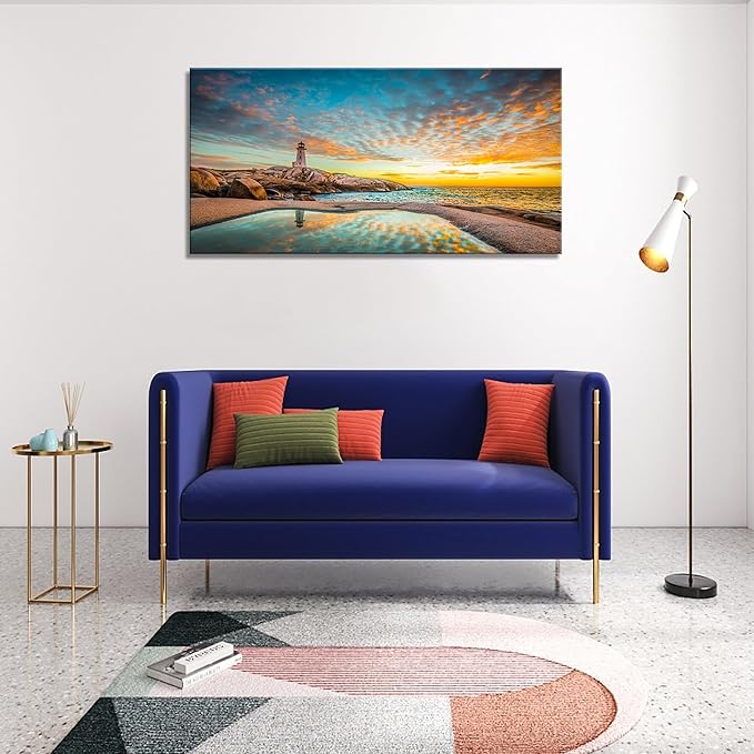 YYYYHPP YP1862 Canvas Prints Wall Art Peggy's Cove Lighthouse Sunset Ocean View Landscape Nature Pictures Stretched Canvas Wooden Framed for Living Room Bedroom and Office Wall Decor