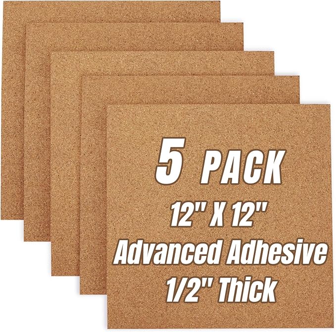 Cork Board Tiles 12"x12" - 1/2" Thick 5 Pack Cork Board Square Bulletin Boards Self Adhesive Corkboards for Walls Pin Boards Corkboards for Office Home School Decor