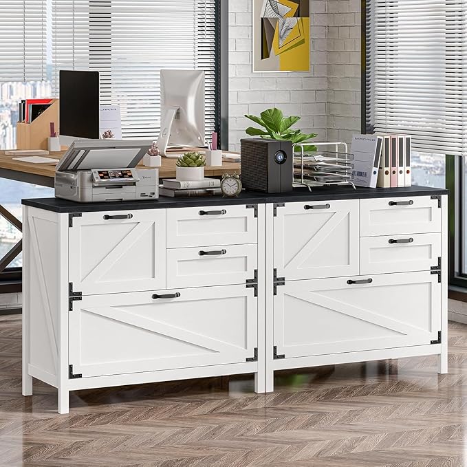 Vabches 4-Drawer Wood Lateral File Cabinet for Hanging Files Letter/A4/Legal Size, Large Farmhouse File Cabinets for Home Office, Printer Stand with Office Cabinet, White and Black