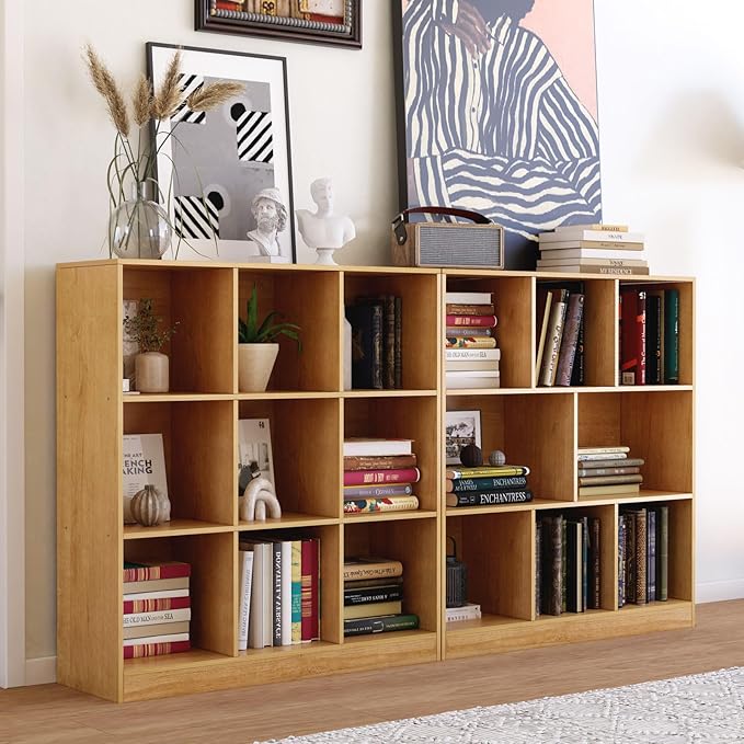 9-Cube Wooden Bookshelf with Base,3-Tier Freestanding Open Storage Organizer,Multi-Functional Bookcase for Living Room,Bedroom,Study and Office (Oak, 9-Cube)