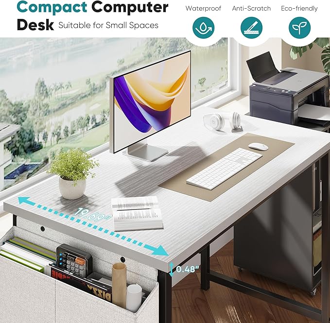 OLIXIS Computer Desk 44 Inch Home Office Desks for Small Spaces, Gaming Writing Study Work Table with Storage Bag and Headphone Hook for Bedroom, White