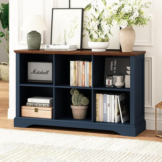 6 Cube Storage Organizer - 47.4" Farmhouse Wood Low Bookshelf, 3 Tier Horizontal Open Shelf Bookcase Cubby Storage Console Cabinet for Living Room, Entryway, Office, Navy Blue