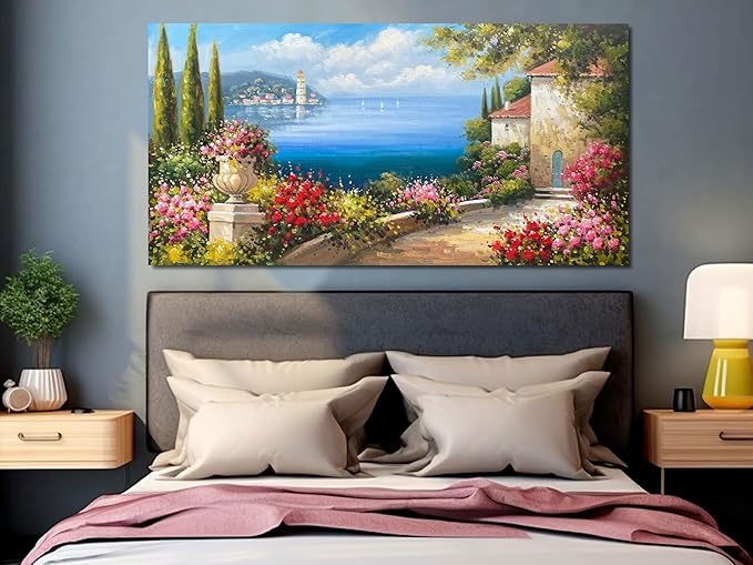 Arjun Landscape Wall Art Canvas for Living Room Mediterranean Seascape Painting Bedroom Flower Blue Ocean Picture Modern Scenery Artwork Framed Home Office Wall Decor, Extra Large 58"x29"