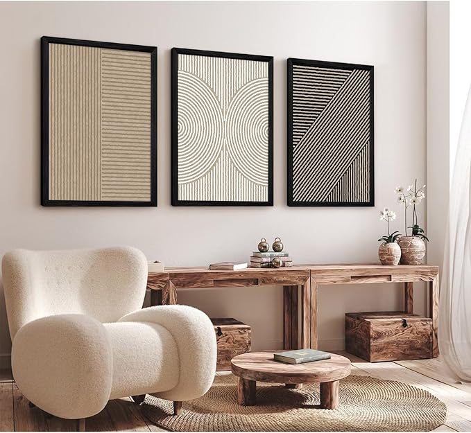 Boho Modern Wall Art Pictures Neutral Abstract Canvas Wall Decor Minimalist Line Wall Art Beige Brown Black Poster Mid Century Painting Artwork for Living Room Bedroom 12x16x3 Inch Wood Framed