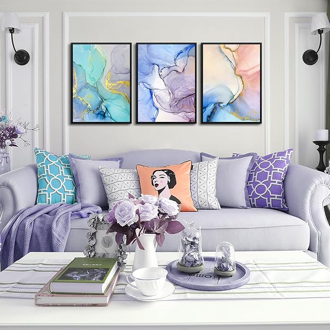 AHUASJART Abstract Wall Art For Living Room Large Wall Decoration For Bedroom Colorful Color Abstract Wall Paintings Office Wall Decor Pictures Modern Home Decor Set of 3 Black Framed Art Prints