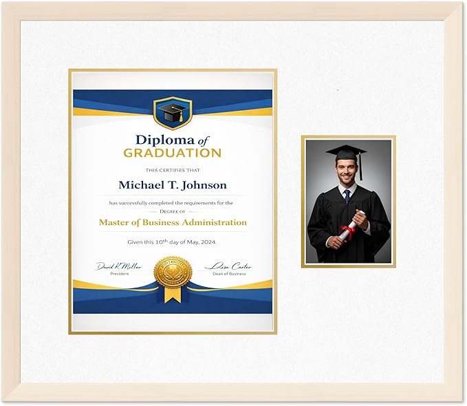 Diploma Frame With Photo Opening Coastal Whitewash Oyster Shell Over Gold Mat - Fits 11 x 14 Degree and Picture Made in the USA