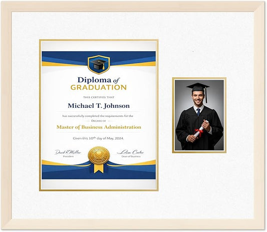 Diploma Frame With Photo Opening Coastal Whitewash Oyster Shell Over Gold Mat - Fits 11 x 14 Degree and Picture Made in the USA