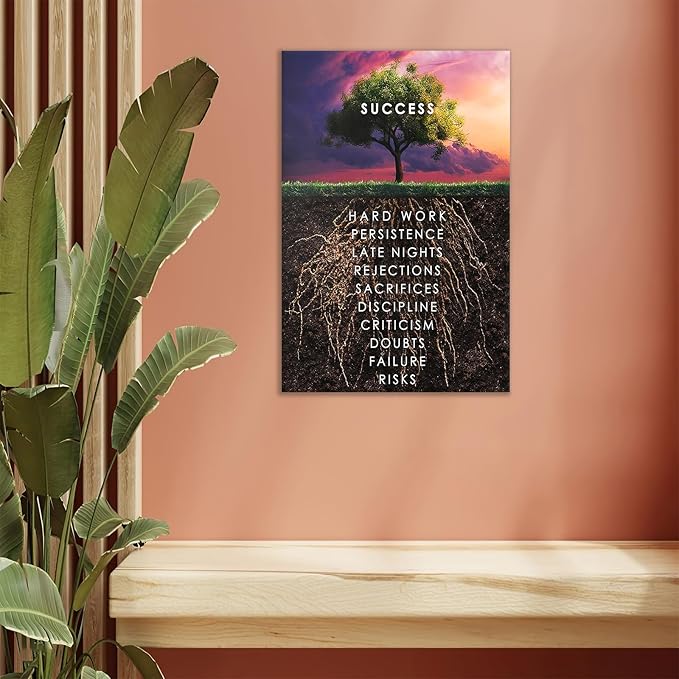 QYHART Success Tree Wall Art HD Printed Pictures Canvas Inspirational Motivation Entrepreneur Quotes Pictures Posters Home Decor Nordic Painting Frame for Living Room Ready to Hang [18''W x 12''H]