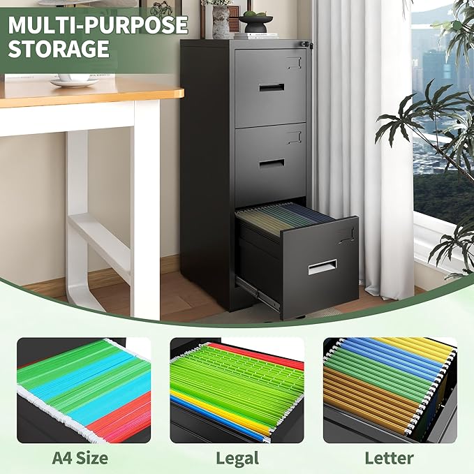3 Drawer File Cabinet with Lock, Metal Filing Cabinet for Home Office, Vertical File Cabinet for Letter/Legal/A4/F4 Documents, Easy to Assemble Steel Storage Cabinet