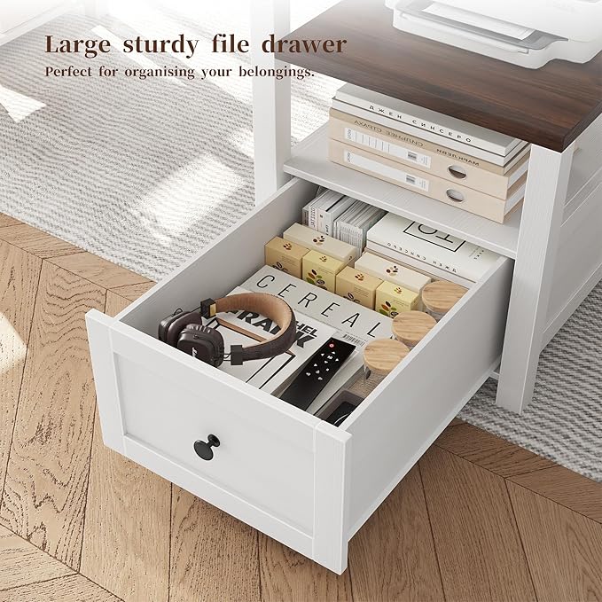 EnHomee 60.4" Computer Desk with Drawer & Power Outlet, Gaming Desk with LED Light, Farmhouse Desk Study Desk with Monitor Stand, Home Office Desk, Work Desk for Bedroom, Study Room, White