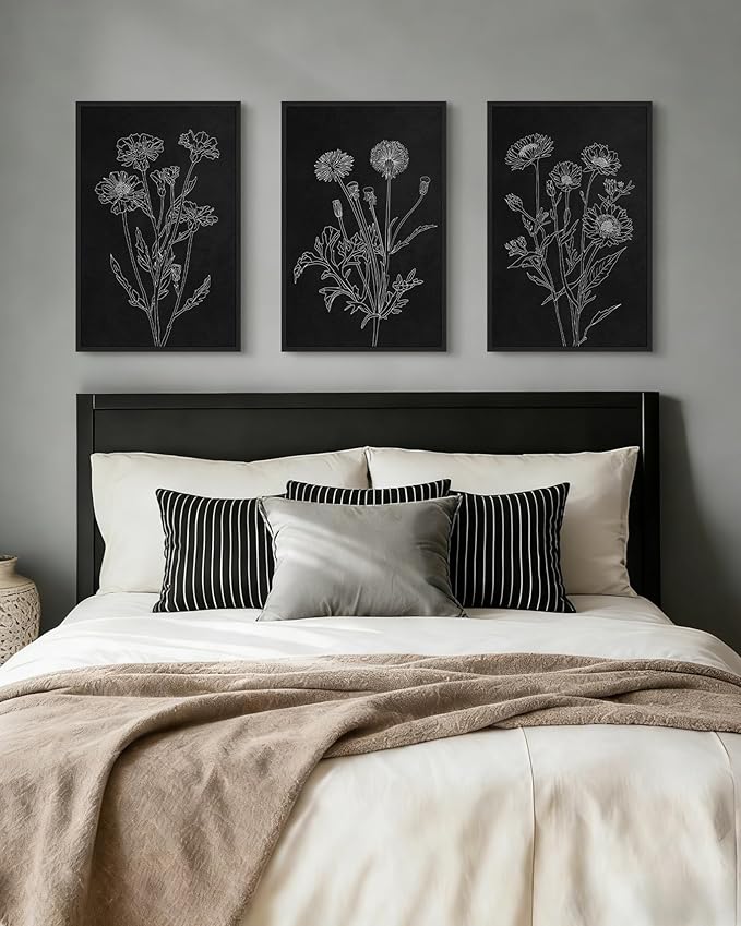Drsoum Black White Flower Wall Art Vintage Minimalist Floral Wall Hanging Decor Bohemain Botanical Prints Artwork for Bedroom Living Room Hallway 16x24in Black Framed