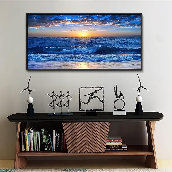 Sea Beach Framed Canvas Wall Art For Living Room Wall Decor For Bedroom Home Decor Blue Ocean Canvas Pictures Artwork Sunny Sea View Wave Painting Office Wall Decorations Black Framed 20" X 40"
