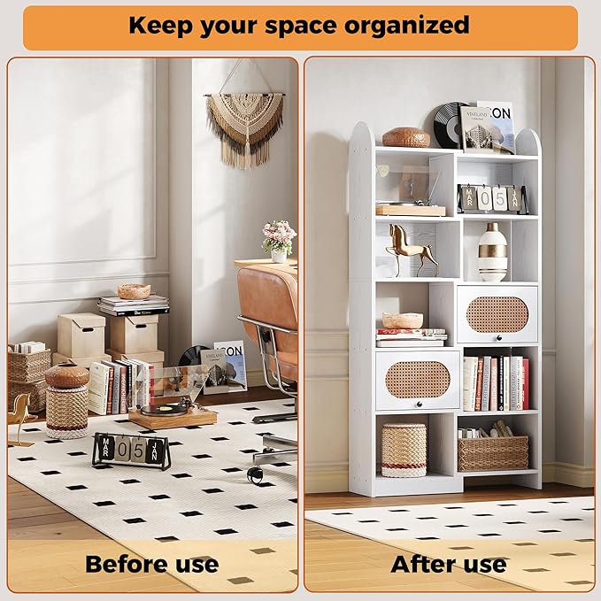 IRONCK Bookshelf and Bookcase with 2 Rattan Design Flip-top Storage Cabinets, 6 Tier 8 Cube Bookcases Storage Shelves Organizer for Living Room, 35.4" White