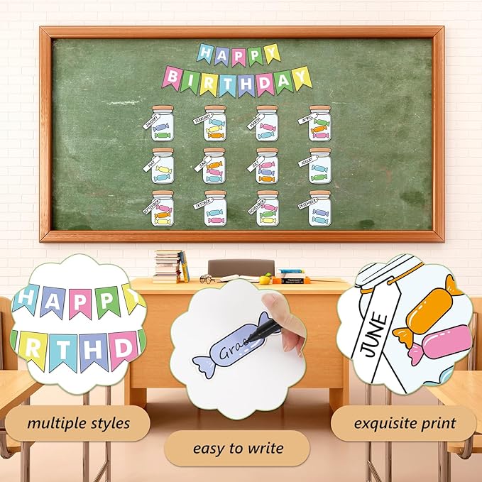 JarThenaAMCS 85Pcs Happy Birthday Bulletin Board Set Colorful Candy Calendar Poster Classroom Birthday Chart for Back to School Decorations