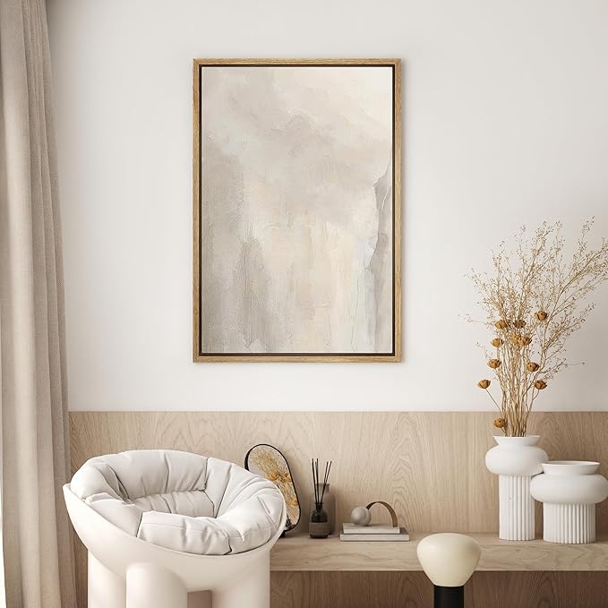 SIGNWIN Framed Canvas Print Wall Art Minimal White Paint Brush Strokes Abstract Shapes Illustrations Modern Art Decorative Boho Relax/Zen Nordic for Living Room, Bedroom, Office - 24"x36" Natural