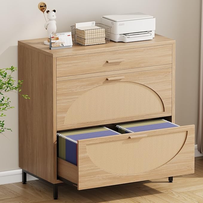 Vabches Lateral File Cabinet with 3 Drawers, Modern Rattan File Cabinet for Legal/Letter/A4 Size Hanging Files, Large Wood Printer Stand Home Office, Natural