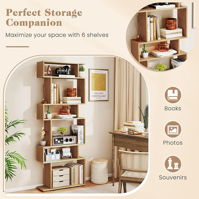 Giantex 6-Tier Geometric Bookshelves Set of 2, S-Shaped Bookcase with 2 Anti-Tipping Kits, Wooden Display Shelf, Decorative Storage Shelving Unit, Home Storage Organizer for Living Room, Natural