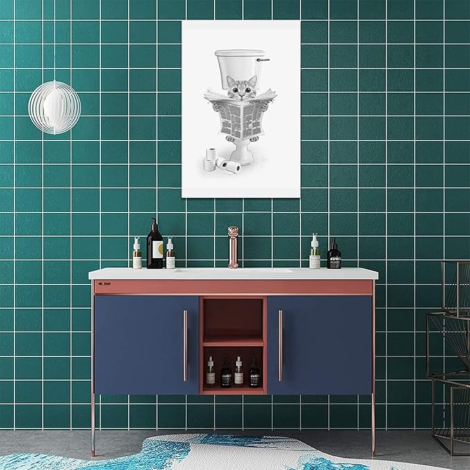 yerretin Funny Cat Bathroom Wall Art Black and White Cat Pictures Wall Decor Animal Bathroom Canvas Painting Modern Artwork Home Decorations Framed Ready to Hang 16"x24"
