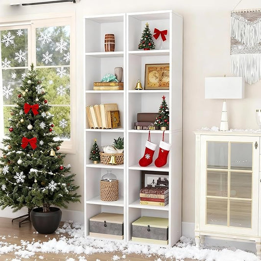 Narrow Bookshelf & Bookcase Set of 2, 6-Tier Floor Standing Open Book Shelf, Modern Corner Bookshelf with Storage Space, 71.5" Tall Bookshelves for Bedroom, Living Room and Office, White