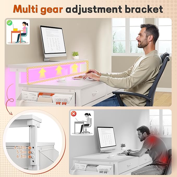 Computer Desk with 2 Drawers & LED Lights,39.4 Inch Home Office Desks with Side Pocket and Monitor Stand,Study Writing Table for Small Spaces,White